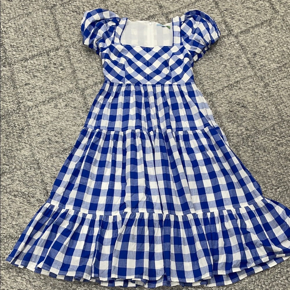 ANTONIO MELANI Blue and White Gingham Puff-Sleeve Midi Dress